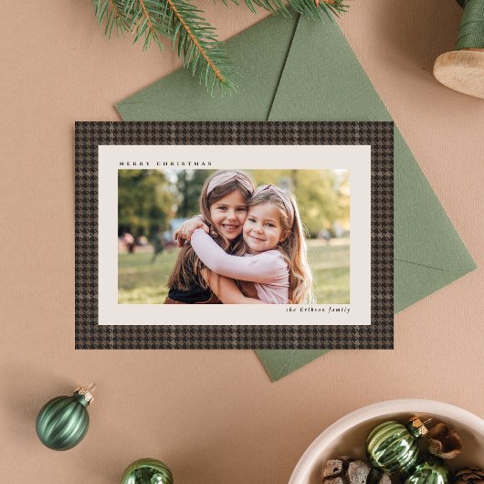 Classic houndstooth lijst preppy één foto bruin feestdagenkaart