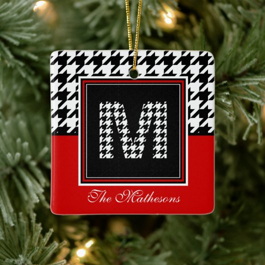 Classic Houndstooth Pattern Monogram Rood en zwart Keramisch Ornament (Boom)