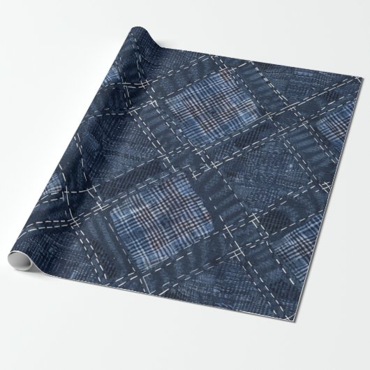 Classic Indigo Diamond Stitch Denim Pattern Cadeaupapier (Uitgerold)