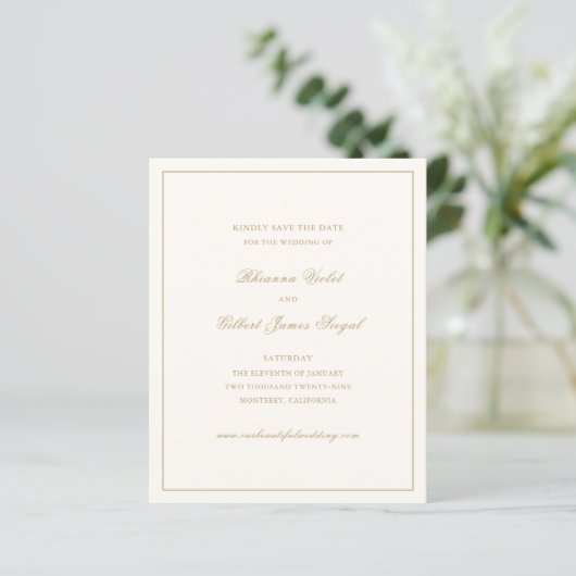 Classic Ivory and Gold Budget Wedding Save Date (Staand voorkant)