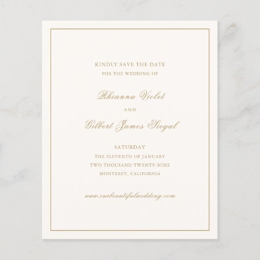 Classic Ivory and Gold Budget Wedding Save Date (Voorkant)