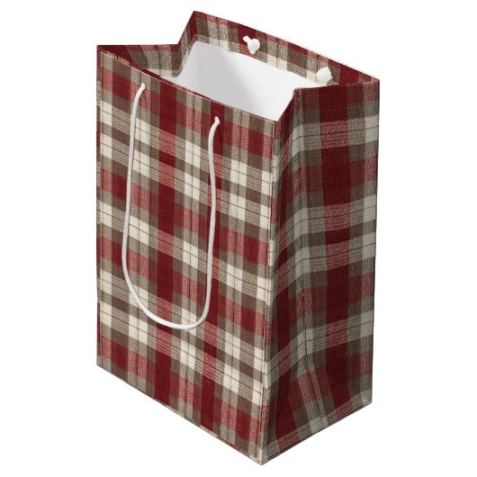 Classic Ivory Brown Rust Red Plaid Pattern Medium Cadeauzakje (Voorkant Gekanteld)