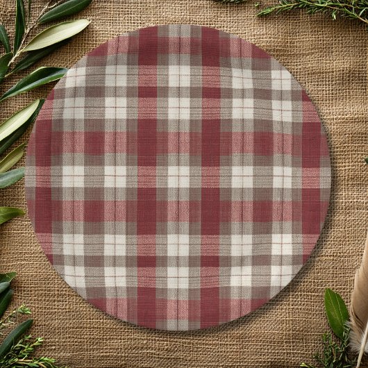 Classic Ivory Brown Rust Red Plaid Pattern Papieren Bordje