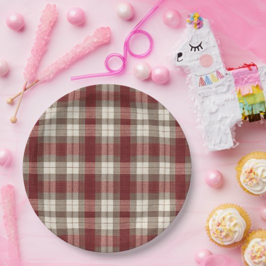 Classic Ivory Brown Rust Red Plaid Pattern Papieren Bordje (Feest)