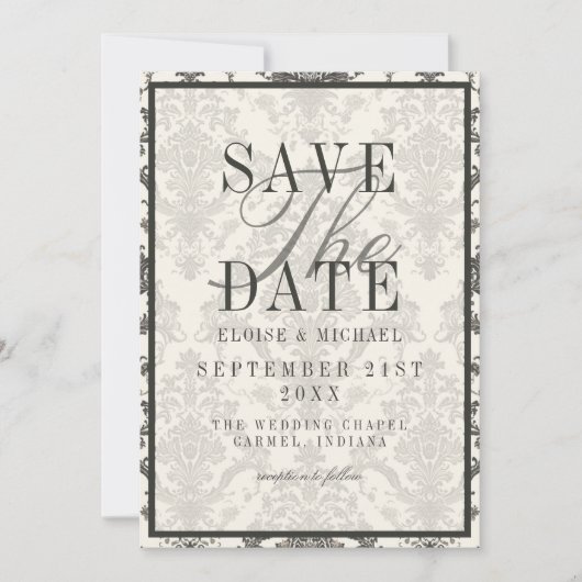 Classic Ivory Damask Rococo Pattern Photo Wedding Save The Date (Voorkant)