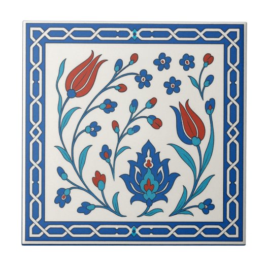 Classic Iznik Floral Keramische Tegel in Blauw & R Tegeltje (Voorkant)