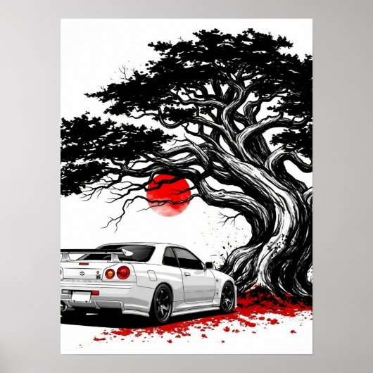 Classic Japanese Rising Sun Art Painting White JDM Poster (Voorkant)
