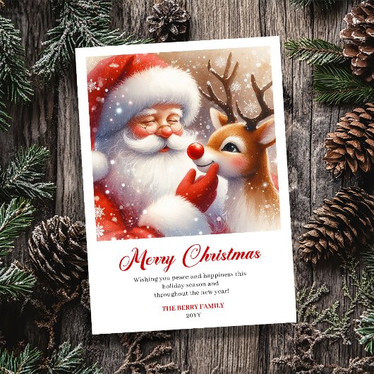 Classic Jolly Santa With Rudolph Christmas Greetin Feestdagenkaart