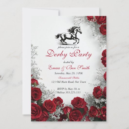 Classic Kentucky Derby Party Invitation Red Roses Kaart (Voorkant)