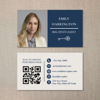 Classic Key QR Code Navy Real Estate Agent Visitekaartje