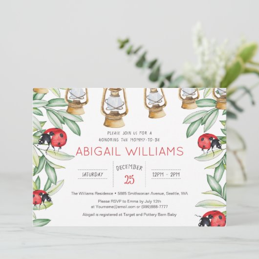 Classic Lady Bug Greenery Garden Baby shower Kaart (Staand voorkant)