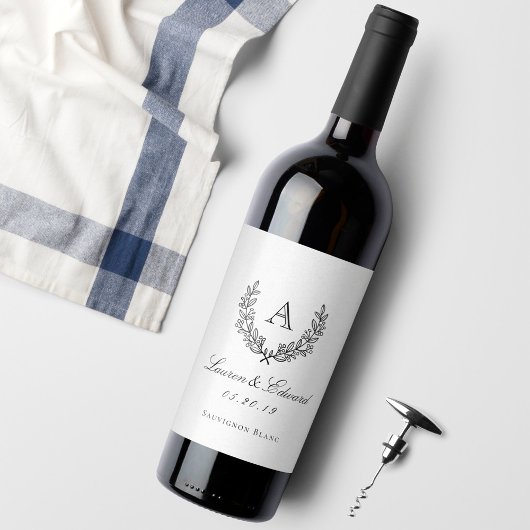 Classic Laurel Monogram Wedding Wine Bottle Labels Wijn Etiket