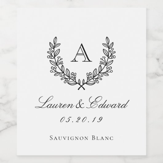 Classic Laurel Monogram Wedding Wine Bottle Labels Wijn Etiket (Enkel label)