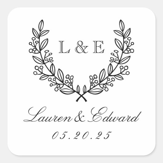 Classic Laurel Wedding Initiaal Monogram Vierkante Sticker (Voorkant)