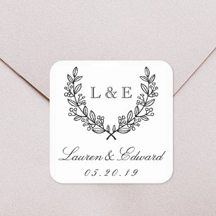 Classic Laurel Wedding Initiaal Monogram Vierkante Sticker