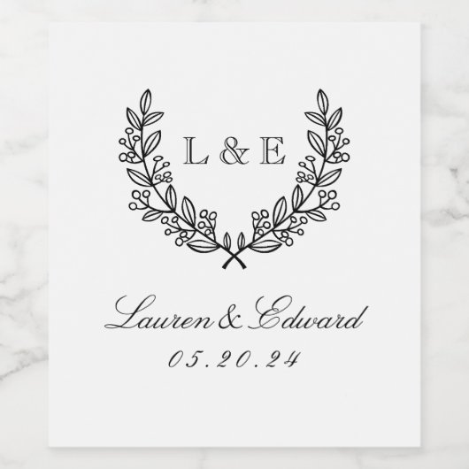 Classic Laurel Wedding Initiaal Monogram Wijn Etiket (Enkel label)