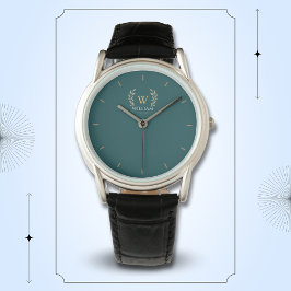 Classic Laurel Wreath Blauwgroen Goud Monogram Horloge