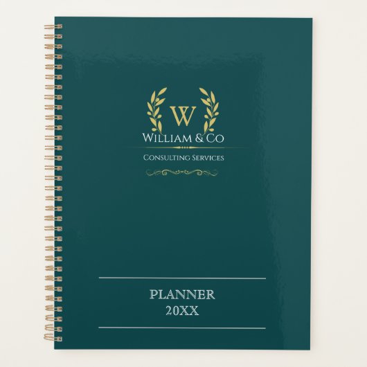 Classic Laurel Wreath Blauwgroen Goud Monogram Planner (Voorkant)