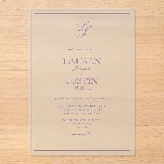 Classic Lavender Calligraphy Monogram Weddenschap Acryl Uitnodigingen (Voorkant)