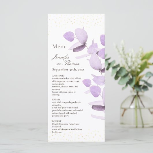 Classic Lavender Eucalyptus Glitter Weddenschap Me Menu (Staand voorkant)
