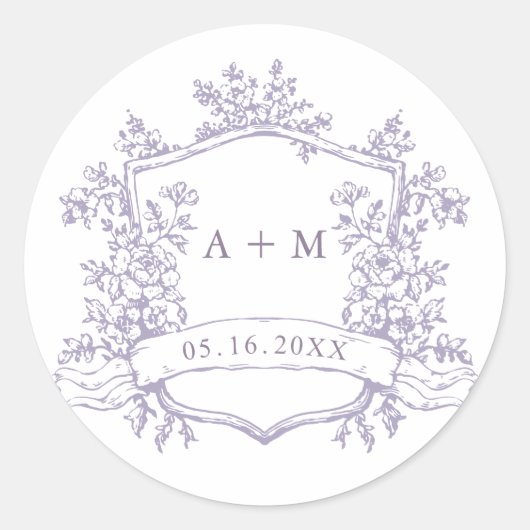 Classic Lavender Floral Crest Monograms Ronde Sticker (Voorkant)