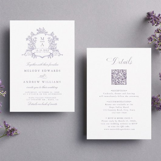 Classic Lavender Floral Crest Wedding All in One Kaart