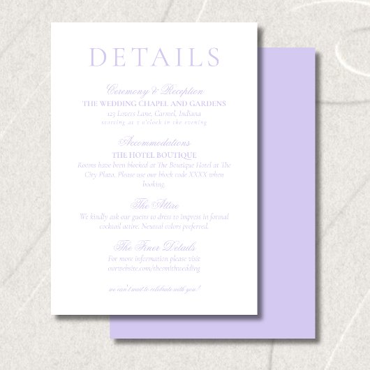Classic Lavender Minimalist Wedding Details Informatiekaartje