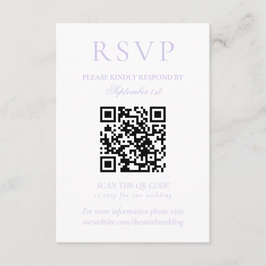 Classic Lavender Minimalist Wedding QR Code RSVP Kaartje (Voorkant)