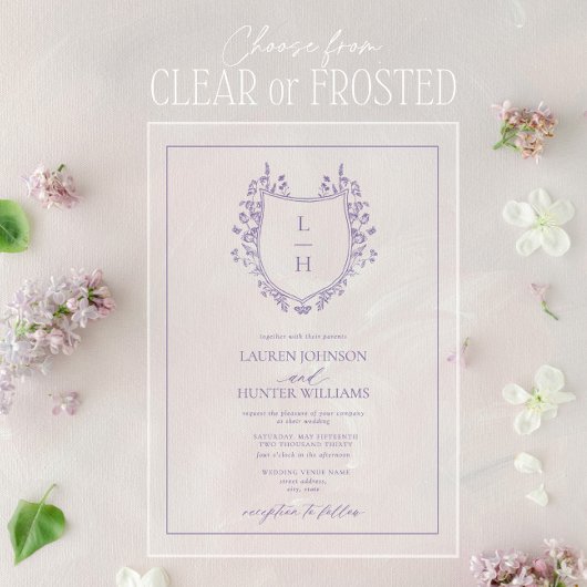 Classic Lavender Wildflower Monogram Crest Weddens Acryl Uitnodigingen