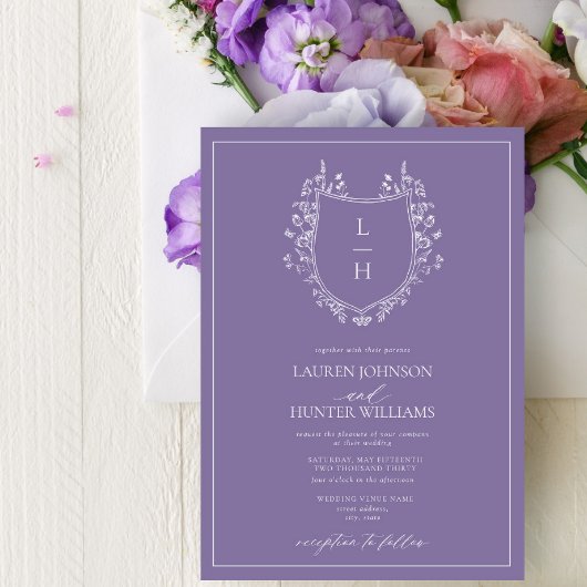 Classic Lavender Wildflower Monogram Crest Weddens Kaart
