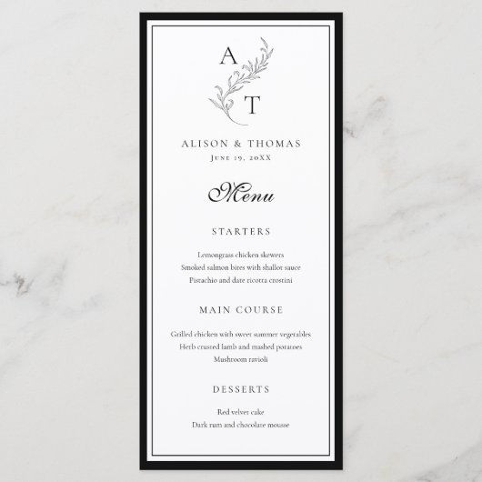 Classic Leaf Monogram Bruiloft Flat Menu Kaart (Voorkant)
