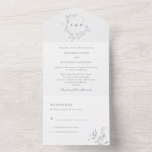 Classic Leafy Monogram Crest Wedding All In One Uitnodiging (Binnen)