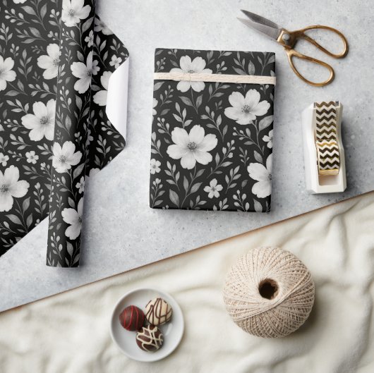 Classic Leaves Floral Art Pattern op grijs zwart Cadeaupapier (Crafts)