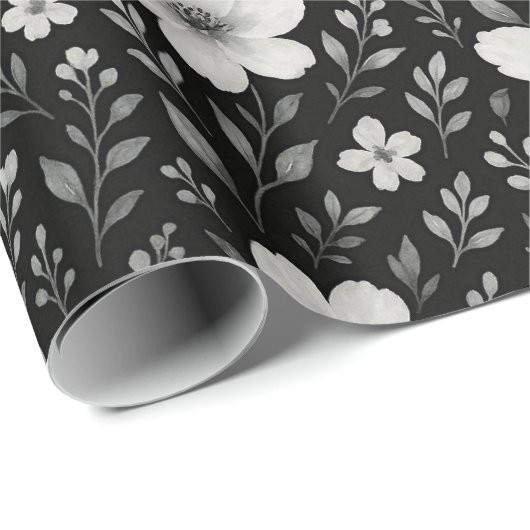 Classic Leaves Floral Art Pattern op grijs zwart Cadeaupapier (Rol Hoek)
