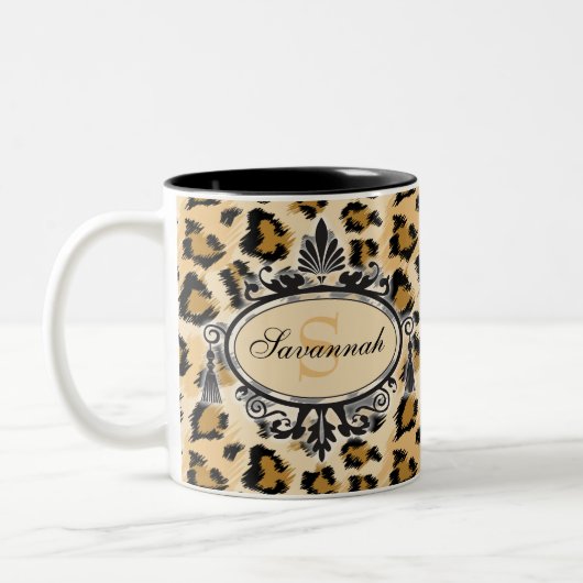 Classic leopard Pattern Aangepaste naam en monogra Tweekleurige Koffiemok (Links)
