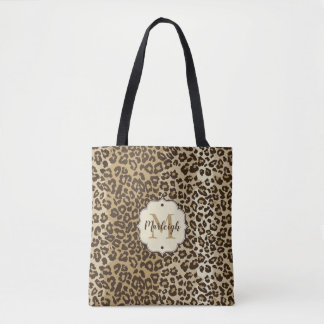 Classic leopard Print Custom Monogram Name Tote Bag