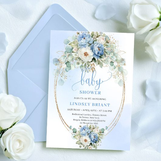Classic Light Blue Peonies Eucalyptus Baby Shower Kaart