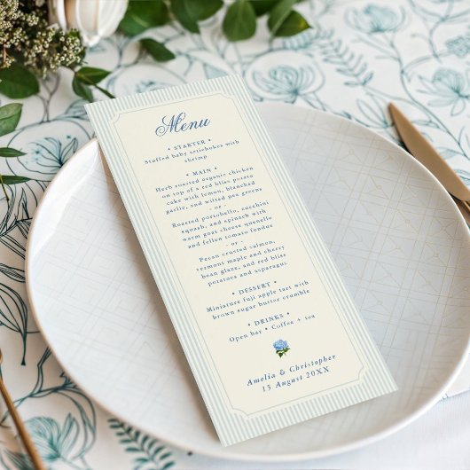 Classic Light Blue Stripes Hydrangea Wedding Menu