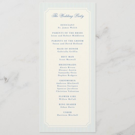 Classic Light Blue Stripes Wedding Programmakaart (Achterkant)
