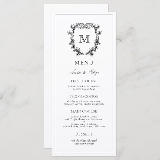Classic Luxe Crest Monogram Weddenschap Menu (Voorkant / Achterkant)