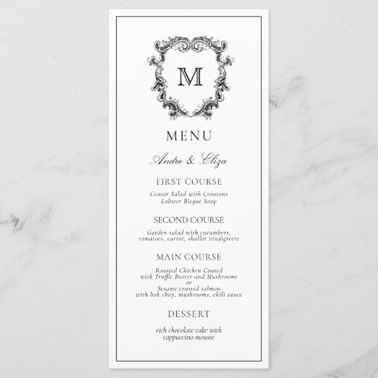 Classic Luxe Crest Monogram Weddenschap Menu (Voorkant)