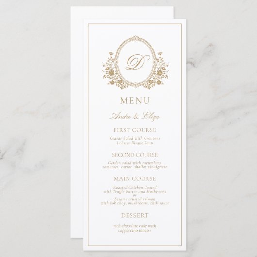 Classic Luxe Crest Monogram Weddenschap Menu (Voorkant / Achterkant)