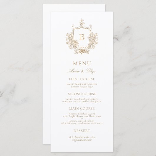 Classic Luxe Goud en Wit Monogram Bruiloft Menu (Voorkant / Achterkant)