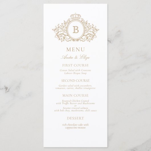 Classic Luxe Goud en Wit Monogram Bruiloft Menu (Voorkant)