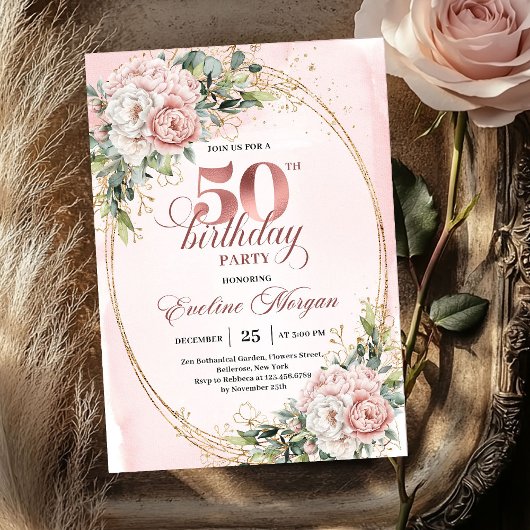 Classic Luxe Rose Gold 50th Birthday Invitation Kaart