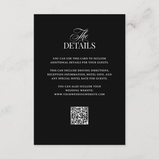 Classic Luxe Zwart | QR Code Wedding Guest Details Informatiekaartje (Voorkant)