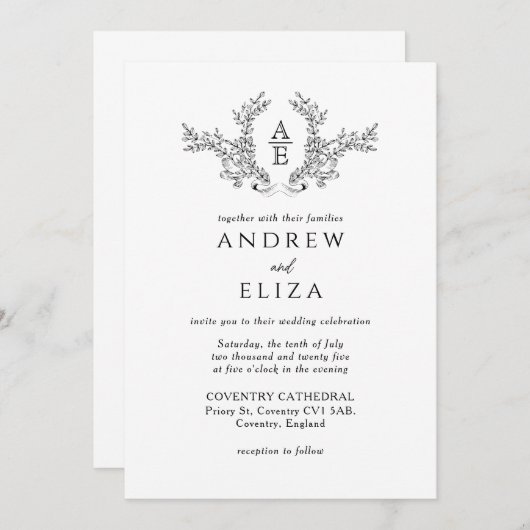 Classic Luxe Zwart-wit Monogram Uitnodiging (Voorkant / Achterkant)