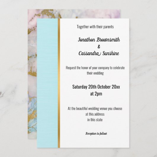 CLASSIC MARBLE PASTEL BLUE GOLD TRIM INVITATION KAART (Voorkant / Achterkant)