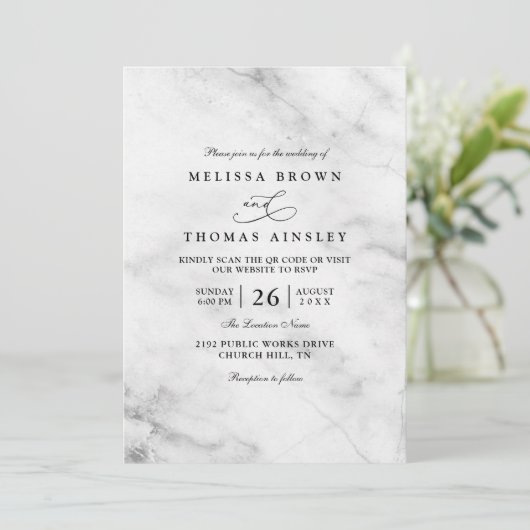 Classic Marble Simple Elegant Chic QR Code Wedding Kaart (Staand voorkant)