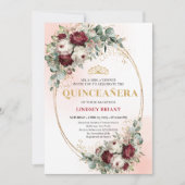 Classic Maroon Floral Greenery Quinceañera Invite Kaart (Voorkant)